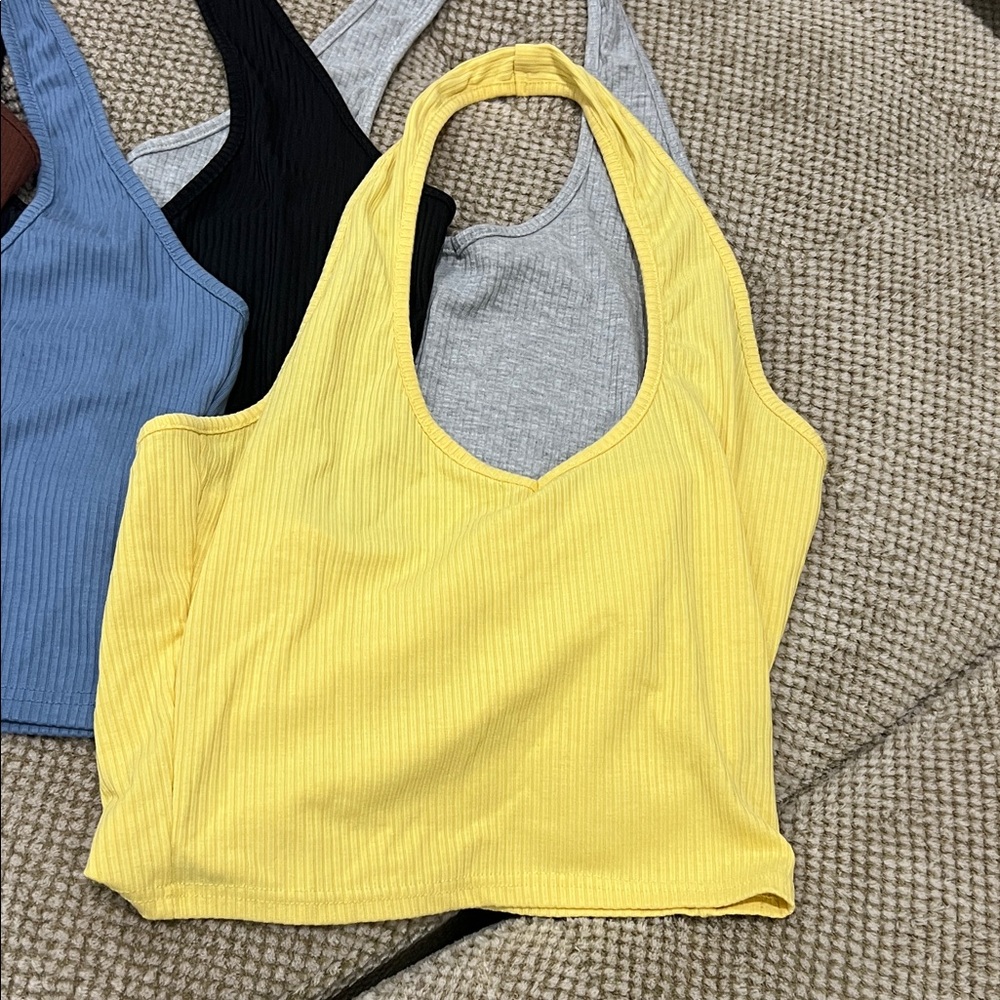 Women's Halter Neck Ribbed Crop Tops - Multicolor Set - Picture 2 of 9